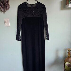 JR Nites By Caliedo Black Evening Gown Velvet with Sheer Collar and Sleeves - 14
